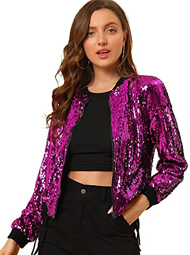 Allegra K Damen Glitzer Jacke Bomberjacke Pailletten Bomber Jacke Langarm Party Club Metallic Sequin Jacken Fuchsie S