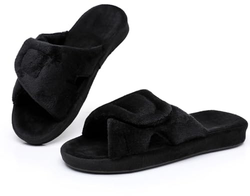 Women's Adjustable Diabetic Slippers Memory Foam House Shoes Cozy Arch Support Orthotic Heel Cup Arthritis Edema Slippers Non Slip Rubber Sole, Open Toe Fuzzy Slide Sandals for Ladies., Black 9.5-10.5