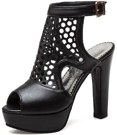Damsandaler Peep Toe Stiletto hög klack med 12 cm platåspännsrem dampumps plus storlek z33561, svart, 46 EU