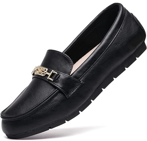 DeYashopin Women's Loafer Shoes Leisure Slip On Work Shoes Comfort Walking Flats Black Leather 8.5