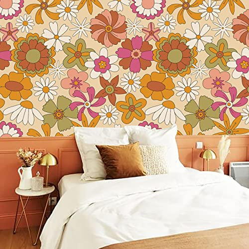 Tapete Orange Blume Rosa Vliestapete Klebefolie Möbel Leicht Abzuziehen Selbstklebende Tapete Schlafzimmer Küchenrückwand Tapete Selbstklebend for Living Room 40x100cm