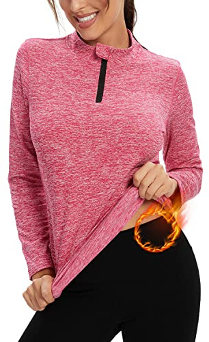 Damen Fleece Laufshirt Fleecepullover Langarm, 1/4 Reißverschlus Funktionsshirt Thermo Atmungsaktive Sportshirt Fitness Shirt Winter Warm,