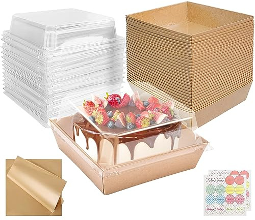 CoKeeSun 30 Stück Kuchen Transportbox Pappe,12cm Muffin transportbox mit Transparentem Deckel, Cupcake Box mit Backpapier und Aufkleber, Take Away Box für Sandwich, Macarons (Braun)