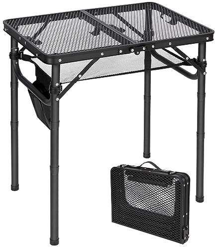 REDCAMP Folding BBQ Table, 3-Height Adjustable Aluminum Camping Table with Side Pockets & Storage Mesh, Portable Grill Stand for Outdoor Cooking Picnic RV Fishing, 60x40cm, Black
