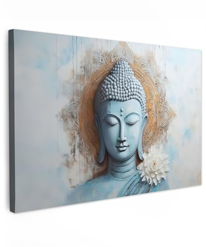 MuchoWow© Leinwandbild Groß XXL Dekoration Wohnzimmer Bilder Aufhängen Wall | 120x80 cm - Decoration Living Room Wohnungs Deko Moderne Buddha - Statue - Blau - Braun - Blume
