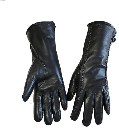 Leder-Schaffell-Handschuhe für Damen, mittellang, gestreift, Plus Samt, warm, Herbst und Winter, Winddicht