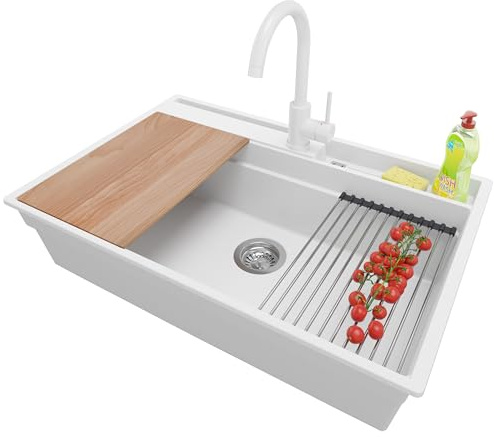 PRIMAGRAN Lavandino da Cucina al Mobile 80cm + Rubinetto, 78x53cm | Set: Rubinetto BW5010 + Kit di scarico + Lavello in Granito a 1 Vasca - Oslo Pocket, Bianco