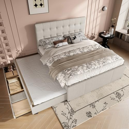 WIZBED Polsterbett, Doppelbett 140 x 200 cm, ausziehbares Bett Bettgestell mit 3 Schubladen, Plattformbett mit Lattenrost und Verstellbares Kopfteil, ohne Matratze,Beige