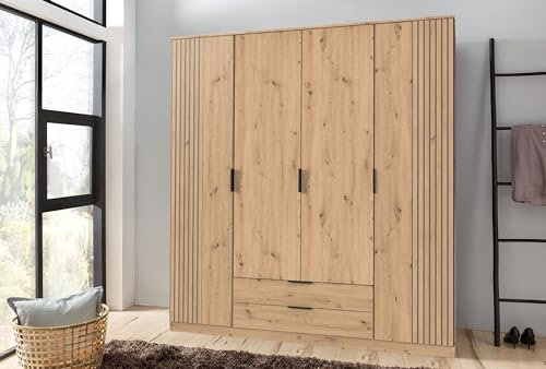 möbelando Drehtürenschrank >LUEBECK< in Artisan-Eiche-NACHBILDUNG + AKUSTIKLAMELLEN-NB Artisan