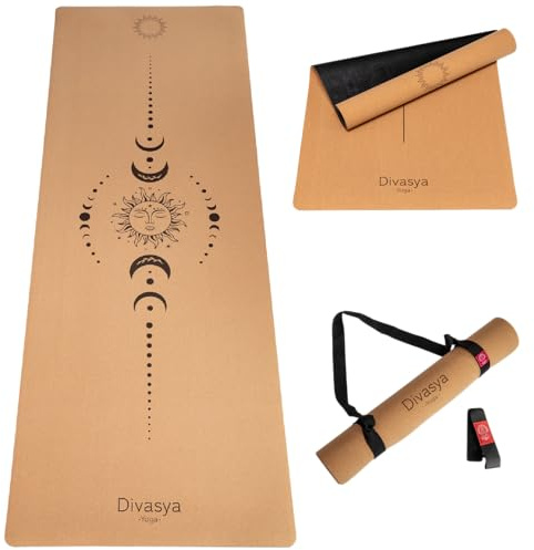 DIVASYA Premium Yogamatte Kork | Naturkautschuk & Kork | inkl. Tragegurt | Yoga Matte Kork: natürlich rutschfest | robust & langlebig | 183 x 66 x 0,4cm | inkl. Tragegurt | Yoga Matte rutschfest