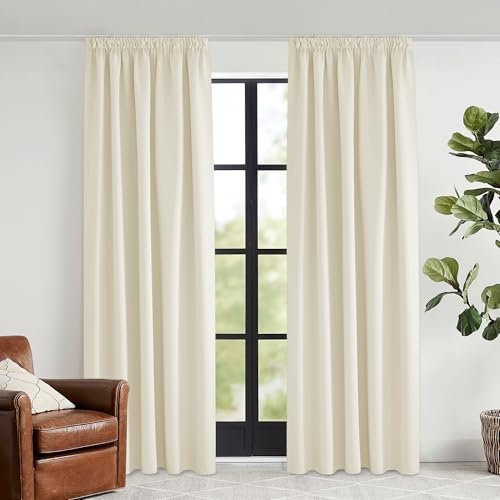 KGORGE Thermovorhang Kälteschutz Kräuselband Thermo Gardinen 2er Set 240 x 140 cm(HxB) Wärmeschutzvorhang 65%-70% Verdunklungsvorhang für Schienensystem Wohnzimmer Gardinen, Hellbeige