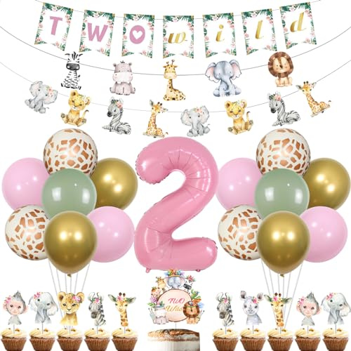 kreat4joy Two Wild Birthday Decorations Girl, Jungle Safari Animal 2nd Birthday Party Decorations Balloons Banner Garland Cake Cupcake Toppers Number 2 Foil Balloon for 2 Year Old Girl Party