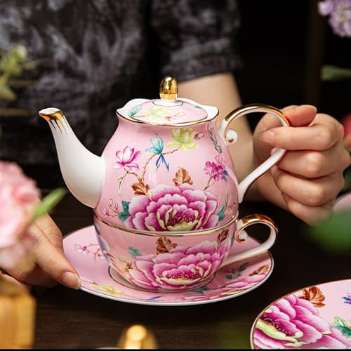 ACMLIFE Juego de tetera y taza para 1, juego de té de porcelana china para 1, juego de tetera y platillo floral vintage azul y blanco con borde dorado, juego de tetera de regalo para mujeres o día de