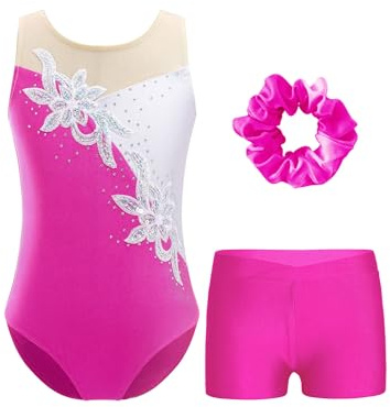 FEESHOW Kinder Turnanzug Mädchen Mit Kurzer Hose Ärmellose Glitzer Pailletten Strass Turntrikot Gymnastik Body Shorts Haargummi Set