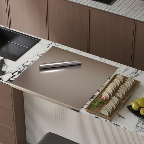uyoyous Stainless Steel Cutting Board with Rolling Pin 50 x 50 cm | Worktop Protector Kitchen Chopping Board Cutting Mat for Kneading Pastry Meat Vegetables Bread