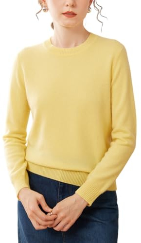 DISSA Pull Cachemire Femme Col Rond Tricot Lisse,Jaune,36
