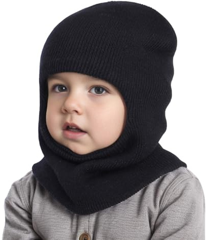 AIDIER Kids Winter Knitted Hood Hat Warm Hat Scarf Earflap Set for 6 Months-8 Years Kids Balaclava Earflap Beanies Caps for Toddler Boys Girls Solid Color Thermal Hooded Scarf Set Black
