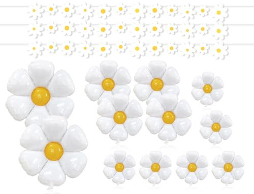 Lhbwhiz Set de 15 Margaritas Decorativas, Globos de Flores de Aluminio, Globos Gigantes de Flores, Pancarta Decorativa de Cumpleaños, para Fiestas, Bodas y Decoraciones de Cumpleaños (Blanco)