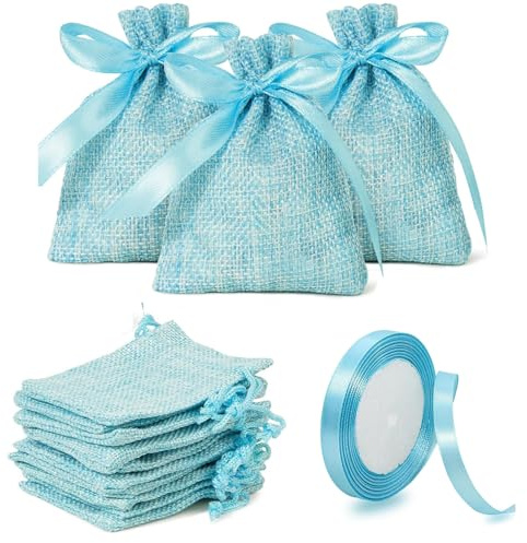 MEISO 30 Pièces Sacs en Jute à Confettis pour Bonbons de Mariage avec Ruban de Satin - Baptême, Communion, Naissance, Fête d'Anniversaire (Bleu)