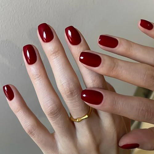 Noerrors Kurze quadratische falsche Nägel, 32 Stück Klebenägel in burgund glänzendem Vollfarbton Nagelspitzen Haftnägel Vollabdeckung künstliche Nägel aus Acryl für Weihnachten Frauen Mädchen