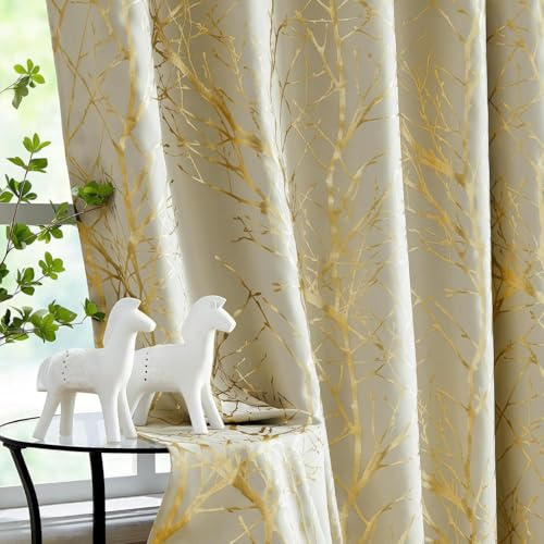 Fmfunctex Blackout Thermal Beige Gold Eyelet Curtains 52 x 72 Drop Bedroom | Pair, Modern Metallic Golden Foil Branch Pattern Drapes 2 Panels Living Room, Energy Saving, Noise Reduction, Room Darkening