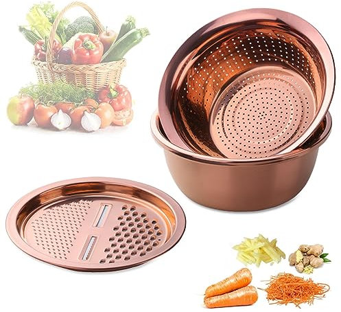 3PCS Stainless Steel Colander Set with Vegetable Chopper Cheese Grater and Veggie Slicer Rice Salad Washer Strainer Bowl for Fruit Pasta Potato Carrot Grater Drain Basket (Rose Gold)