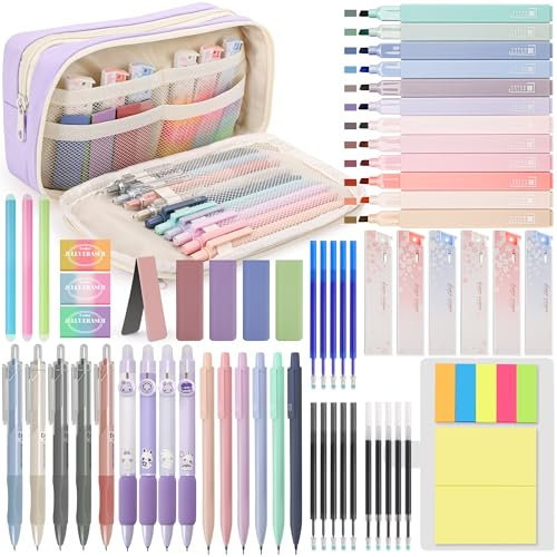 DazSpirit 61 Stück Schulzubehör mit Mäppchen, 12 Textmarker Pastell, 4 Radierbarer Stifte, 5 Gel Stifte, 6 Druckbleistifte, Back To School Stuff, Office Essentials, Schreibwaren Set für Schüler (Lila)