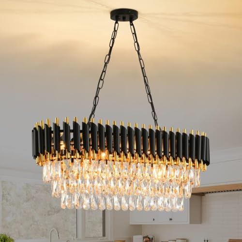 MSSIAN Schwarz und Gold Kristall-Kronleuchter Oval 80cm 8-Licht E14 Deckenlampe für Esszimmer Wohnzimmer Küche Insel Bar