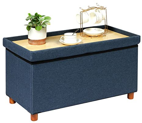 Bonlife Cassapanca, Pouf Contenitore, Portaoggetti Baule, Poggiapiedi Pieghevole Rettangolare， per Ingresso, Soggiorno e Camera da Letto, Blu， 76x38x38 cm