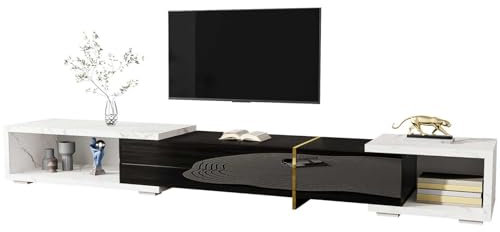 YEHTOKHOME Meuble TV Moderne à Longueur Variable (140-260 cm), Multifonctionnel Armoire avec Espace de Rangement et Fonction pivotante,pour Le Salon (Noir marbre)
