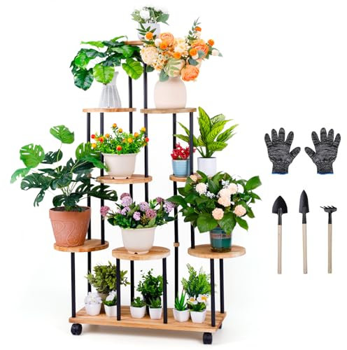 Wuciray Pflanzenständer mit Rollen 9 Etagen Blumenständer Holz metall Hoch Blumentreppe outdoor Blumenregal Indoor Pflanzenregal Indoor Outdoor für Balkon Wohnzimmer Terrassen Wohnung