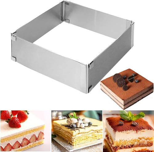 UQMIQURA Cadre de cuisson rectangulaire réglable de 15 à 28 cm, en acier inoxydable, hauteur : 5 cm, anneau à gâteau, rectangulaire, pour la pâtisserie, la décoration