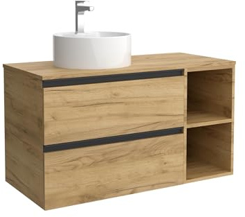 Cygnus Bath Mueble de Baño BEQUIA Plus Metal 90cm Roble | Lavabo sobre encimera Porcelana Lado Reversible 2H