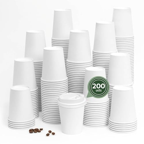 Maxi Products - 200 Vasos Cartón Blanco + Tapa Blanca - 250 cc (8 oz) - Vasos Desechables para Café para Llevar - Reciclables - Apto Alimentos Calientes - TAKE AWAY