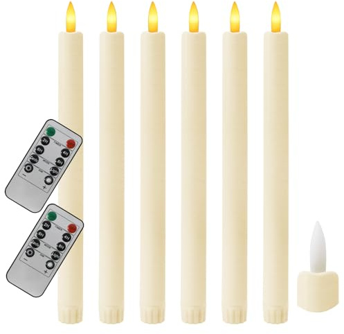 Sunjas 6PCS Flameless Taper Candles with 3D Flickering Flame Battery Operated Candles with 2 Remote with Button Cell Battery 10 Inch Ivory LED Candlesticks Window Candle for Christmas Home Decor