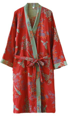 Camicia da notte tradizionale Hanfu in cotone con doppia garza, lunghezza media, con stampa con cintura e cravatta, pigiama ampio, comodo camicia da notte per sudore, yukata sauna a vapore, kimono da