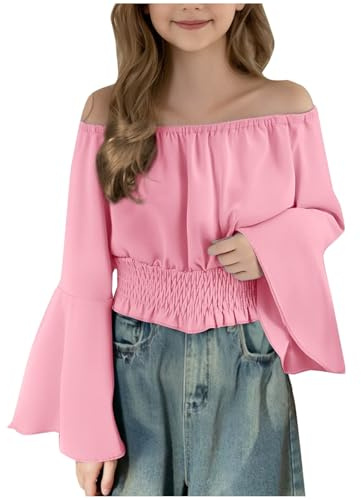 Zeiayuas Girls Off Shoulder Shirt Long Sleeve Bell Sleeves Cotton Tshirt Chiffon Elegant Party Wear Tops Strapless Blouse Fashion Spring Fall Shirt for Kids 5-15 Years Pink