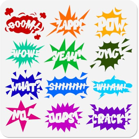 DOODLREAM 12 styles de pochoirs de texte de bande dessinée pour peinture, 30 × 30 cm, réutilisable, pochoir à bulles de bande dessinée, pochoir de dessin, modèle de peinture pour décoration murale