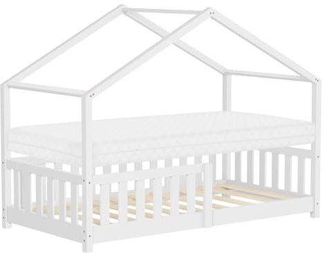 ML-Design barnsäng hussäng 80x160 cm vitfärgad med madrass träsäng med fallskydd ribbotten tak leksäng av furu för barn Montessori golvsäng sängram juniorsäng lekfullt design trygg och säker