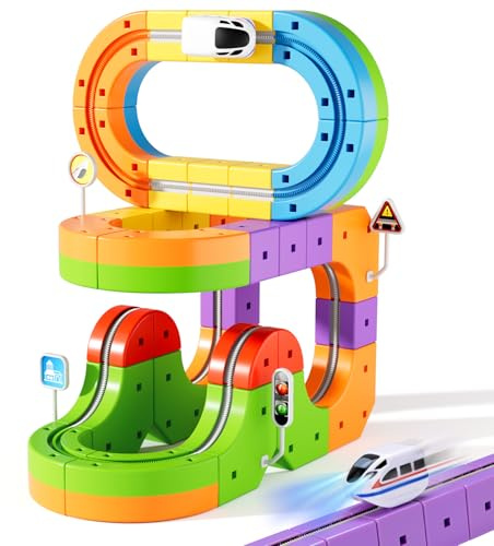 Wdebay klick Rail Electric Train Set 3D Magic Flexible Race Track for Kids 3 4 5 6 7 8 Years Old, 48 pcs Race Car Track Block with Anti-Gravity, Educational STEM Toy Boys Girls Birthday