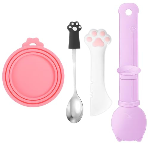 Yuomeaz Cat Spoons and Cover, Silicone Cat Food Tin Covers Set, Cute Wet Feeding Spoon, Cats Dog Can Covers Lids Set for Wet Foods, Treat