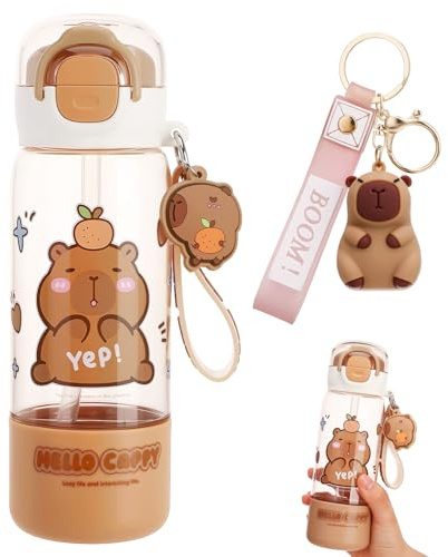 Vyuwast 510ml Capybara Plastic Water Bottle with Capybara Keychain | Cute Cartoon Drinking Bottle with Straw, Leakproof Locking Lid, Portable Water Cup for Sport School Office Travel