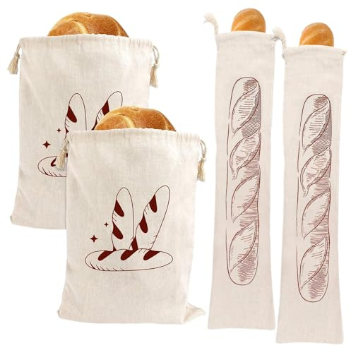 FooYee 3 Pack Reusable Bread Bags - baguette and bread pattern, Toaster Bags Reusable Nonstick, Eco-Friendly Cotton Bag for Potato, Onion & Garlic with Drawstring Closure(30cm x 40cm, 60cm x 14cm)