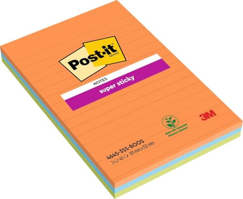 Post-it Notes Autocollantes Super Sticky, Grand Format XXL, Lignées, 101 mm x 152 mm, 3 Blocs, 45 Feuilles par Bloc - Feuillets Super Adhésifs pour Prise de Notes, Listes de Tâches et Rappels