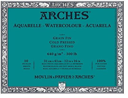 ARCHES 31 x 41 cm 640 gsm kallpressat limmat på 4 sidor block akvarellpapper – naturligt vitt (paket med 10 ark)