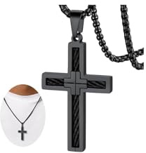 FaithHeart Cross Necklace for Men, Mens Black Twist Cross Necklaces Sturdy Stainless Steel Pendant with Box Chain Christian Gifts for Men