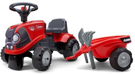 FALK - Porteur tracteur Case IH avec remorque - Dès 12 mois - Fabriqué en France - pelle et râteau inclus - 2 styles de personnalisation - Plaque d'immatriculation personnalisable - 238C