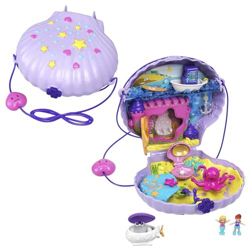 Polly Pocket Micro, Tiny Power Seashell Purse Playset, Purple Shell Purse, Mermaid Theme, 2 Dolls, Toys for Ages 4 and Up, One Playset, GNH11