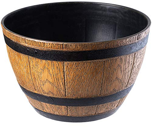 KADAX Pflanztopf im Holzfass-Design, ø 33 cm, ca. 13L, aus wetterfestem Kunststoff, für Garten, Terrasse & Balkon, dekorativer Blumentopf, Blumenkübel oder Übertopf, Hellbraun, Teich mit Wassereimer