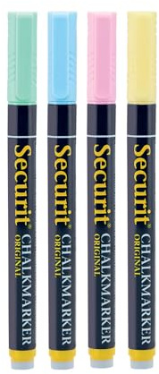 SECURIT - Set Da 4 Pennarelli A Gesso Liquido Assortiti - Per Lavagne, Vetro, Metallo, Porcellana, Specchio, Plastica - Punta Fina 1-2mm - Colori Pastello